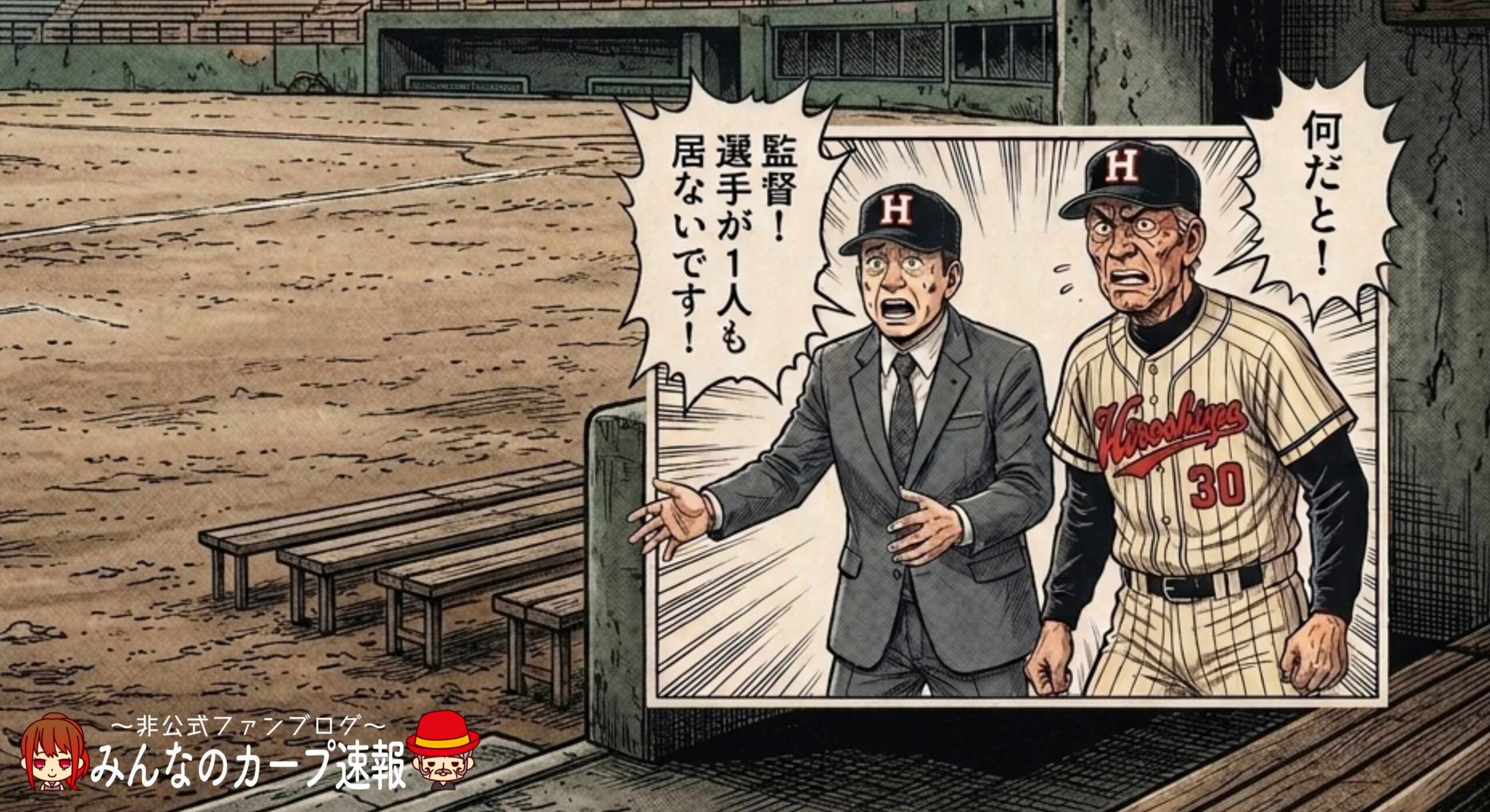 選手が誰もいない事件。AIで生成し、独自ロゴを配置したオリジナル画像。