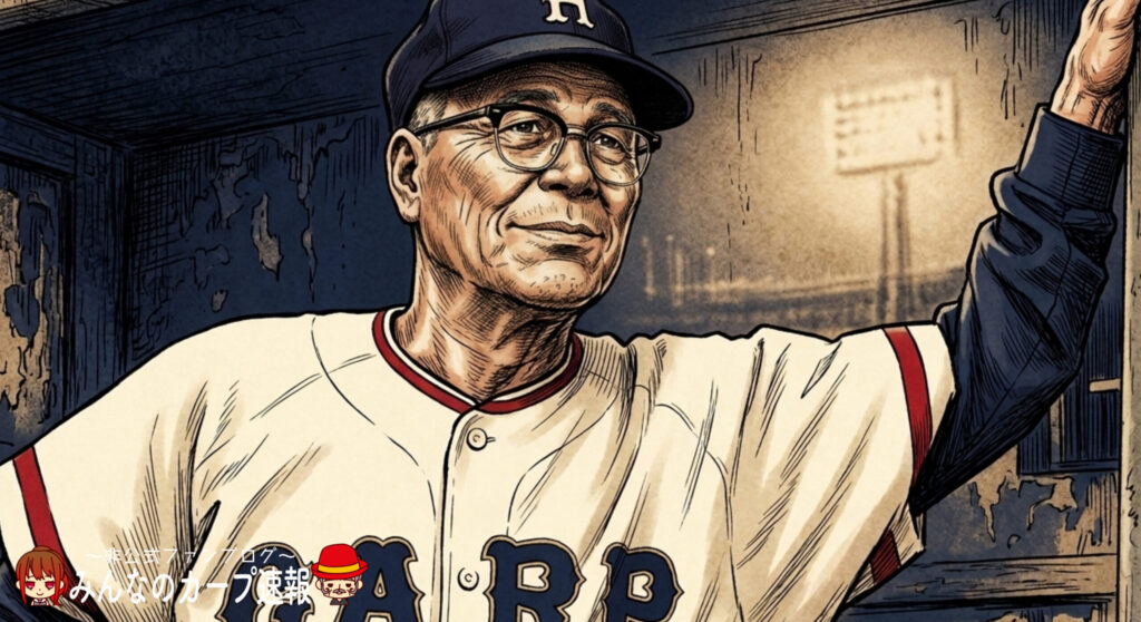 カープ初代監督石本秀一のイラスト。AIで生成し、独自ロゴを配置したオリジナル画像。