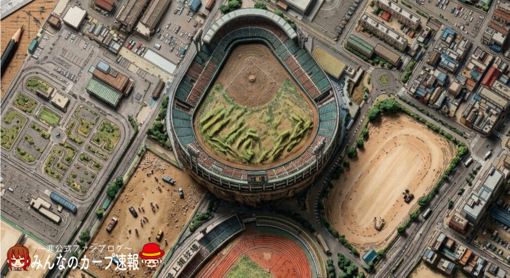 カープ初代本拠地総合グラウンド。AIで生成し、独自ロゴを配置したオリジナル画像。