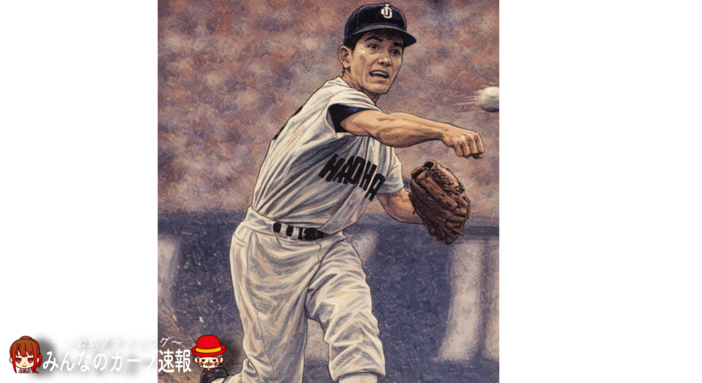 カープ長谷川良平。AIで生成し、独自ロゴを配置したオリジナル画像。