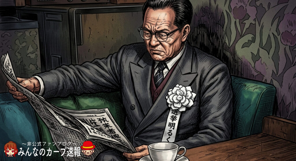 カープ誕生に関わっ谷川昇。AIで生成し、独自ロゴを配置したオリジナル画像。