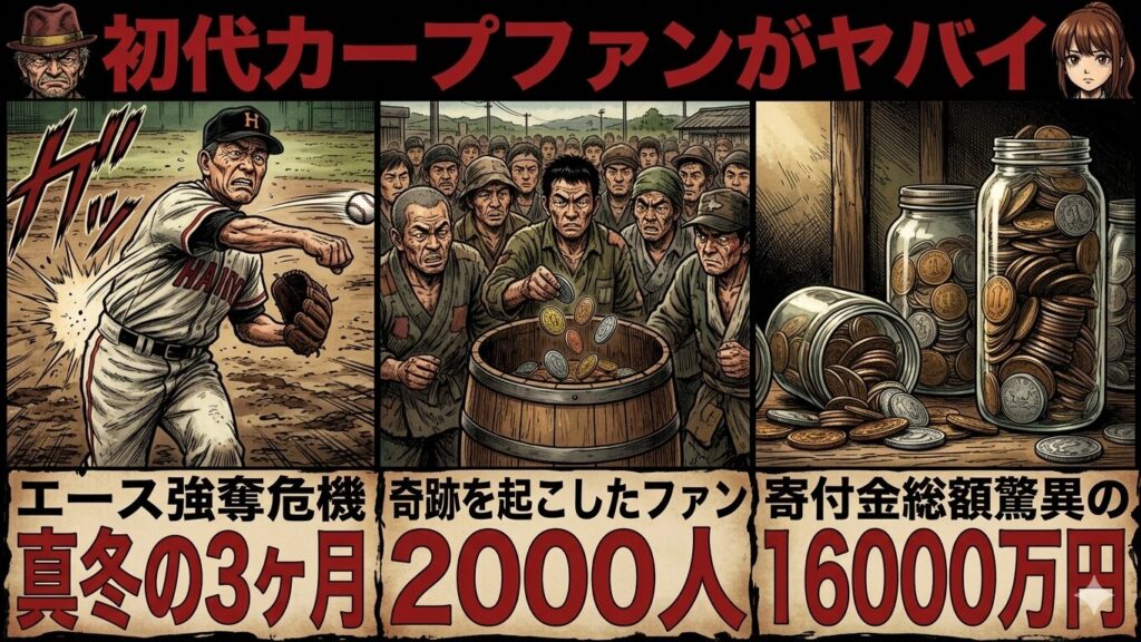 カープの窮地を救った物語りサムネ。AIで生成し、独自ロゴを配置したオリジナル画像。